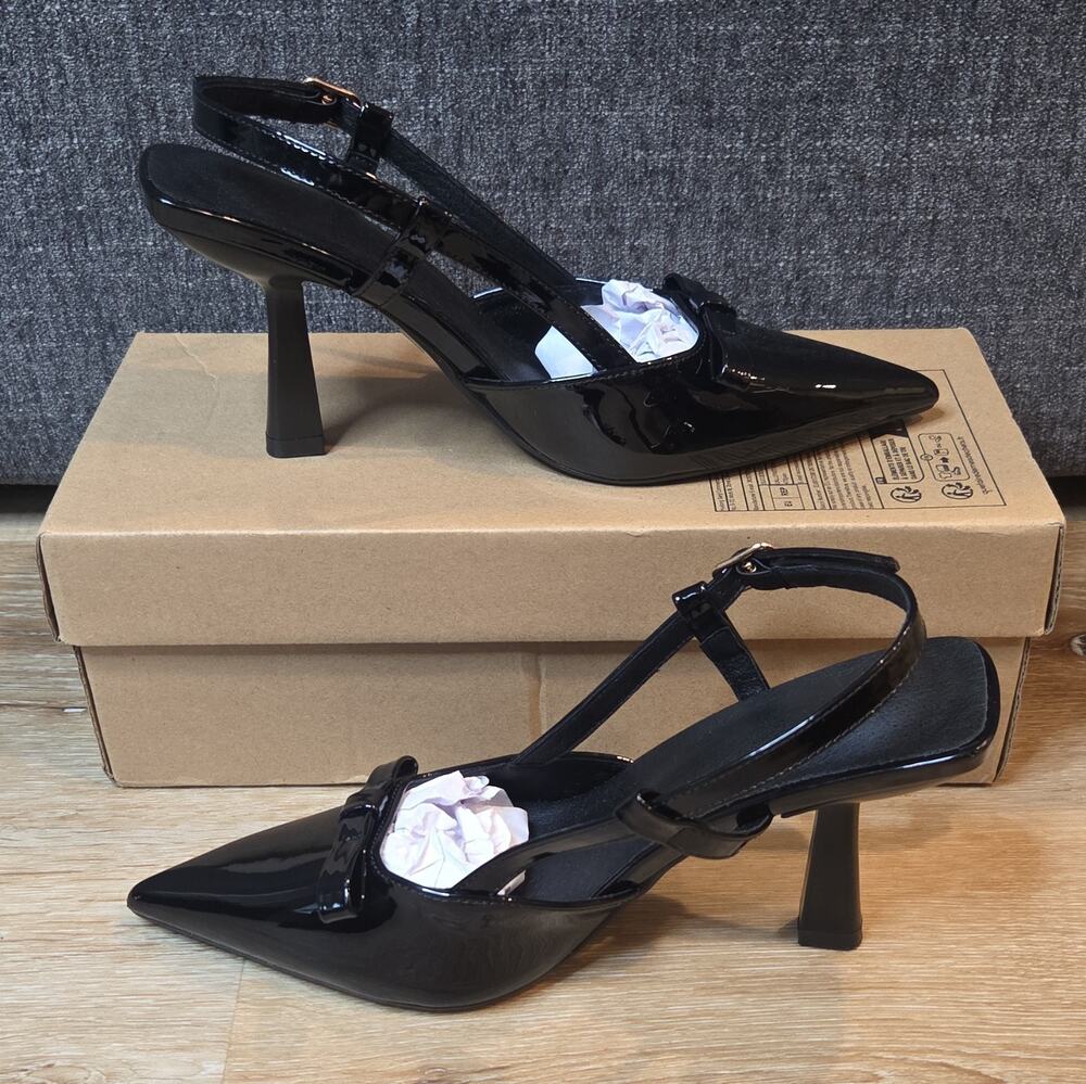 Black Patent Bow Slingback Stiletto Pointed Toe Buckle Heels 6 Women SHIPS FAST